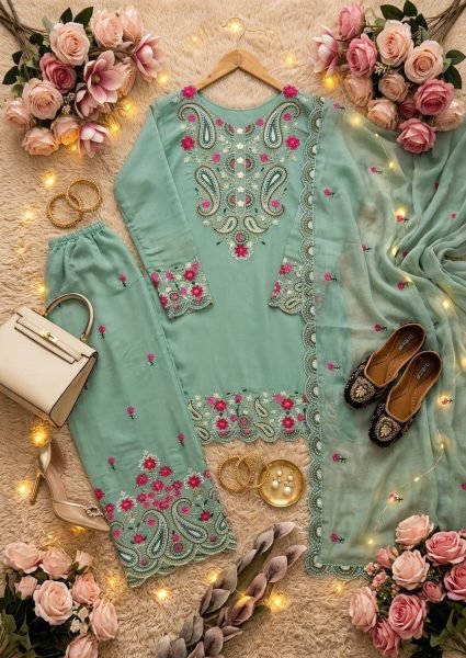Fascinating Green Roman Silk Straight Cut Suit with Embroidered Palazzo Ready To Wear Collection