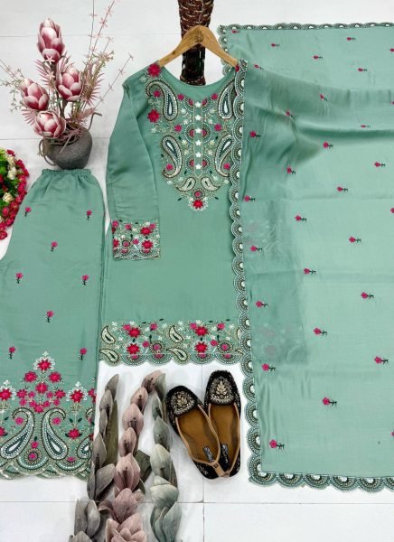 Fascinating Green Roman Silk Straight Cut Suit with Embroidered Palazzo Ready To Wear Collection