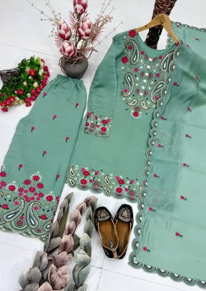 Fascinating Green Roman Silk Straight Cut Suit with Embroidered Palazzo Ready To Wear Collection