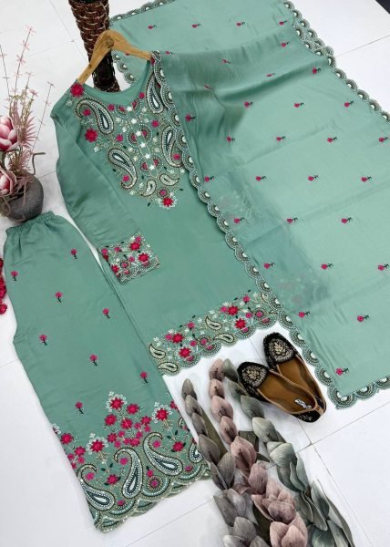 Fascinating Green Roman Silk Straight Cut Suit with Embroidered Palazzo Ready To Wear Collection