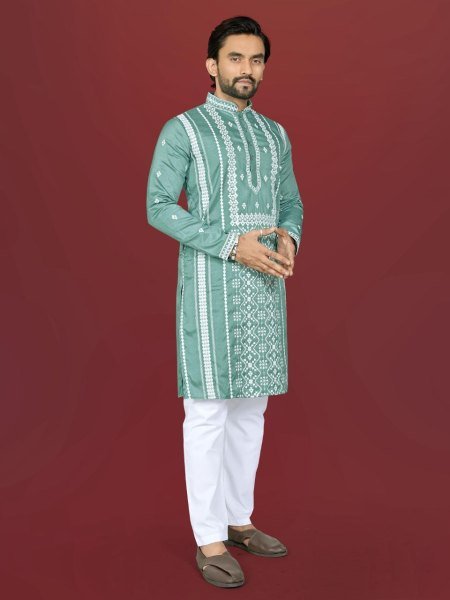 Enduring Green Wedding Special Kurta with Silver Sequins Work Kurta Pajama Wholesale