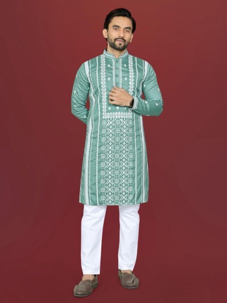 Enduring Green Wedding Special Kurta with Silver Sequins Work Kurta Pajama Wholesale