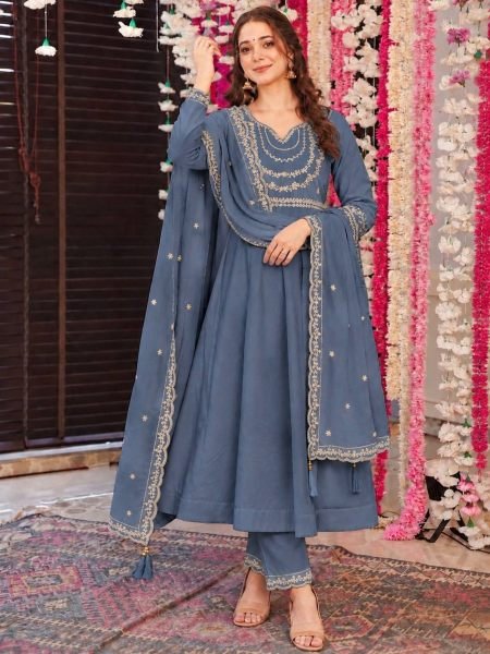 Enduring Grey Ready to Wear Roman Silk Anarkali Suit with Embroidered Dupatta 