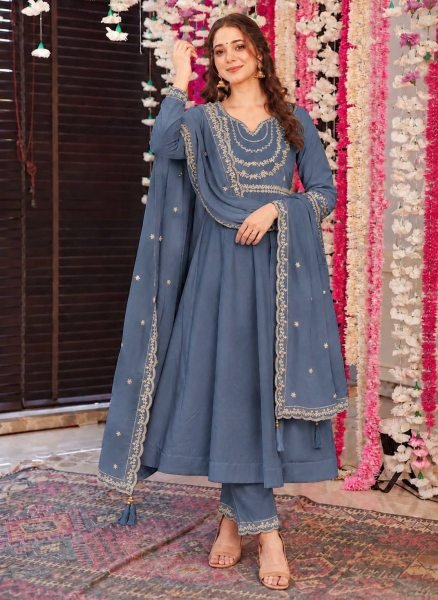 Enduring Grey Ready to Wear Roman Silk Anarkali Suit with Embroidered Dupatta Anarkali Kurtis 