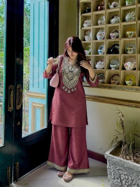 Enduring Mauve Designer Solar Chiffon Silk Top Palazzo Set with Embroidery Work 