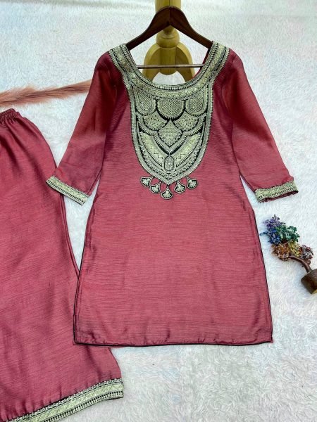 Enduring Mauve Designer Solar Chiffon Silk Top Palazzo Set with Embroidery Work Ready To Wear Collection