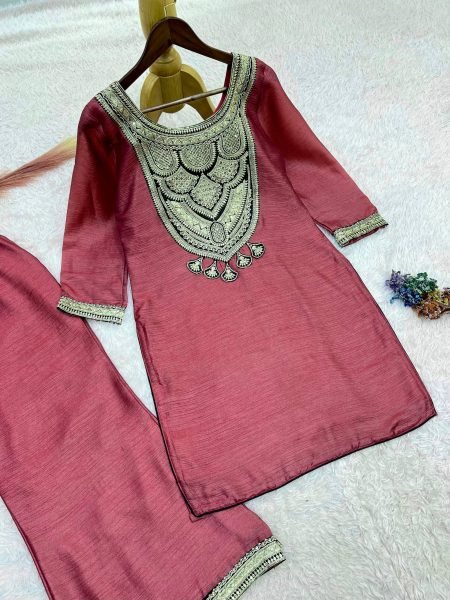 Enduring Mauve Designer Solar Chiffon Silk Top Palazzo Set with Embroidery Work Ready To Wear Collection