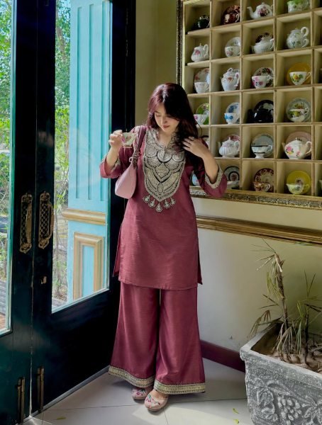 Enduring Mauve Designer Solar Chiffon Silk Top Palazzo Set with Embroidery Work Ready To Wear Collection