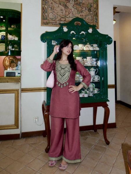 Enduring Mauve Designer Solar Chiffon Silk Top Palazzo Set with Embroidery Work Ready To Wear Collection