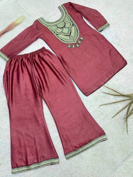 Enduring Mauve Designer Solar Chiffon Silk Top Palazzo Set with Embroidery Work Ready To Wear Collection