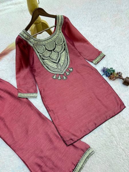 Enduring Mauve Designer Solar Chiffon Silk Top Palazzo Set with Embroidery Work Ready To Wear Collection