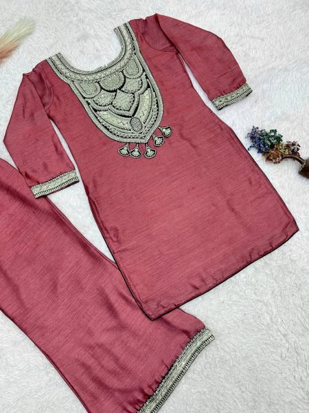 Enduring Mauve Designer Solar Chiffon Silk Top Palazzo Set with Embroidery Work Ready To Wear Collection