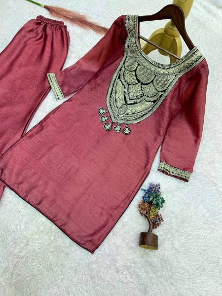 Enduring Mauve Designer Solar Chiffon Silk Top Palazzo Set with Embroidery Work Ready To Wear Collection