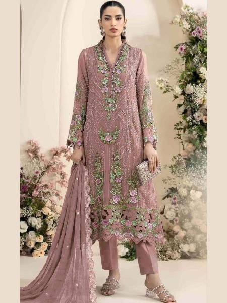 Enduring Mauve Party Wear Heavy Chiffon Suit with Khatli and Sequin Embroidery at Wholesale Rate 