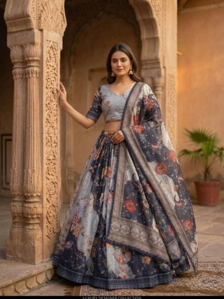 Enduring Navy Blue Tabby Silk Lehenga Set with Rich Digital Print and Embroidered Dupatta Designer Lehenga Choli