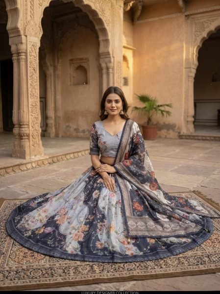 Enduring Navy Blue Tabby Silk Lehenga Set with Rich Digital Print and Embroidered Dupatta Designer Lehenga Choli