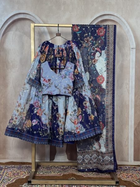 Enduring Navy Blue Tabby Silk Lehenga Set with Rich Digital Print and Embroidered Dupatta Designer Lehenga Choli