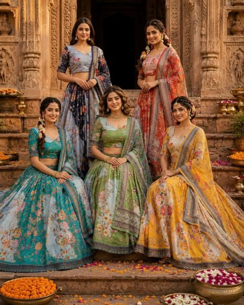 Enduring Navy Blue Tabby Silk Lehenga Set with Rich Digital Print and Embroidered Dupatta Designer Lehenga Choli