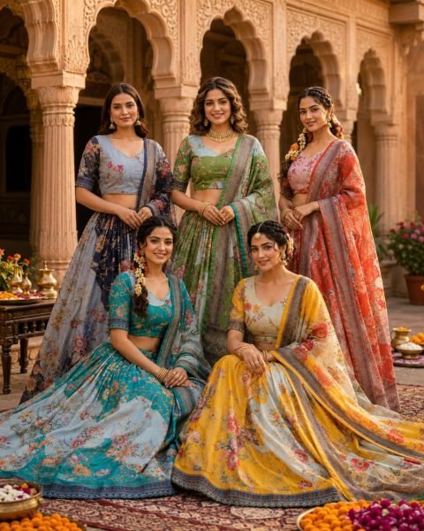 Enduring Navy Blue Tabby Silk Lehenga Set with Rich Digital Print and Embroidered Dupatta Designer Lehenga Choli