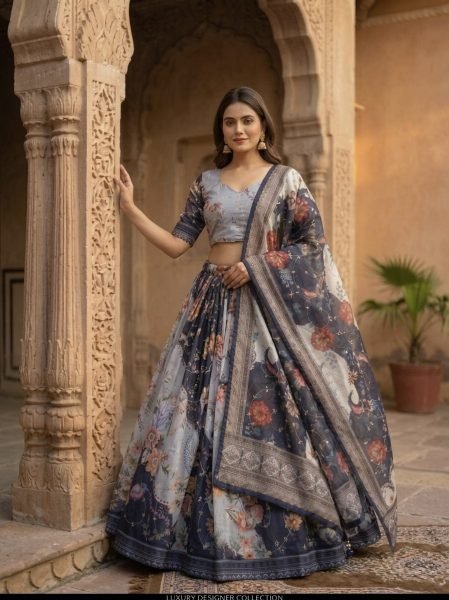 Enduring Navy Blue Tabby Silk Lehenga Set with Rich Digital Print and Embroidered Dupatta Designer Lehenga Choli