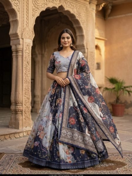 Enduring Navy Blue Tabby Silk Lehenga Set with Rich Digital Print and Embroidered Dupatta Designer Lehenga Choli