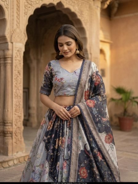 Enduring Navy Blue Tabby Silk Lehenga Set with Rich Digital Print and Embroidered Dupatta Designer Lehenga Choli