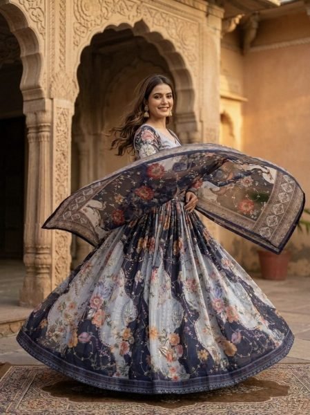 Enduring Navy Blue Tabby Silk Lehenga Set with Rich Digital Print and Embroidered Dupatta Designer Lehenga Choli