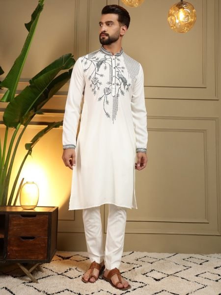 Enduring OffWhite Viscose Silk Men s Kurta Pyjama with Embroidery Sequins Work For Wedding 