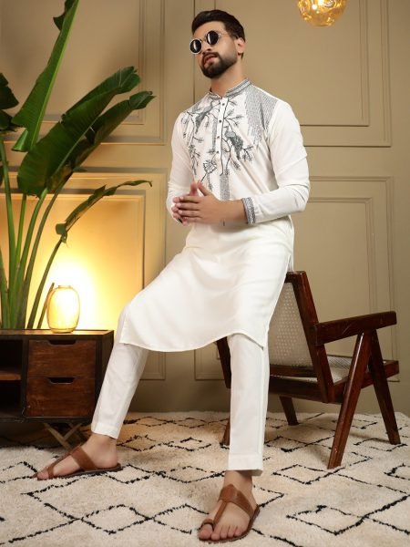 Enduring OffWhite Viscose Silk Men s Kurta Pyjama with Embroidery Sequins Work For Wedding Kurta Pajama Wholesale