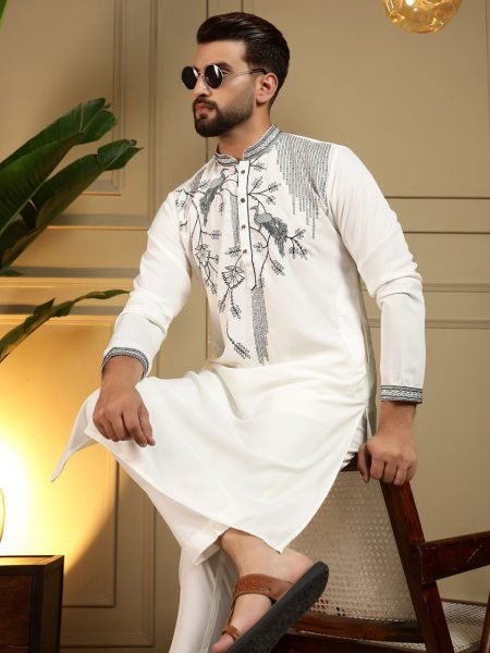 Enduring OffWhite Viscose Silk Men s Kurta Pyjama with Embroidery Sequins Work For Wedding Kurta Pajama Wholesale