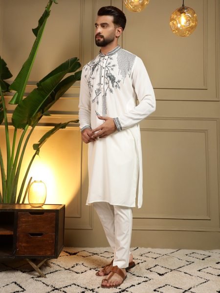 Enduring OffWhite Viscose Silk Men s Kurta Pyjama with Embroidery Sequins Work For Wedding Kurta Pajama Wholesale