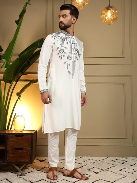 Enduring OffWhite Viscose Silk Men s Kurta Pyjama with Embroidery Sequins Work For Wedding Kurta Pajama Wholesale