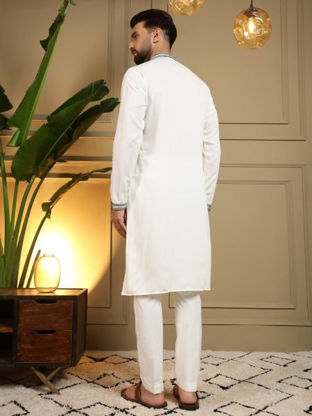 Enduring OffWhite Viscose Silk Men s Kurta Pyjama with Embroidery Sequins Work For Wedding Kurta Pajama Wholesale