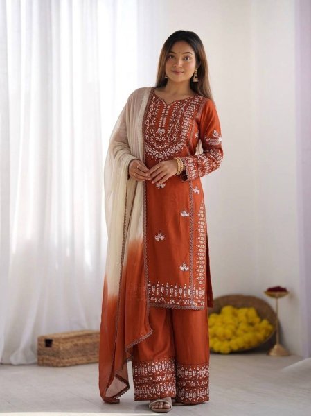 Enduring Orange Kurti Set with Thread Work for Festive and Casual Wear Ready To Wear Collection