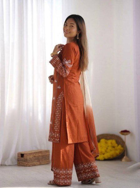 Enduring Orange Kurti Set with Thread Work for Festive and Casual Wear Ready To Wear Collection