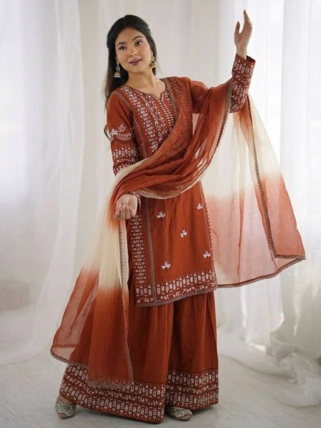 Enduring Orange Kurti Set with Thread Work for Festive and Casual Wear Ready To Wear Collection