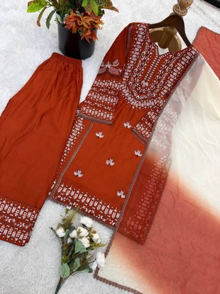Enduring Orange Kurti Set with Thread Work for Festive and Casual Wear Ready To Wear Collection