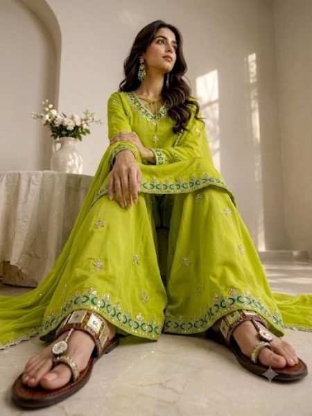 Enduring Parrot Green Fox Georgette Sharara Plazzo Set with Embroidery Sequence Work Ready To Wear Collection