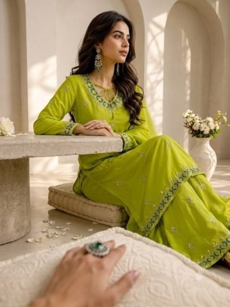 Enduring Parrot Green Fox Georgette Sharara Plazzo Set with Embroidery Sequence Work Ready To Wear Collection