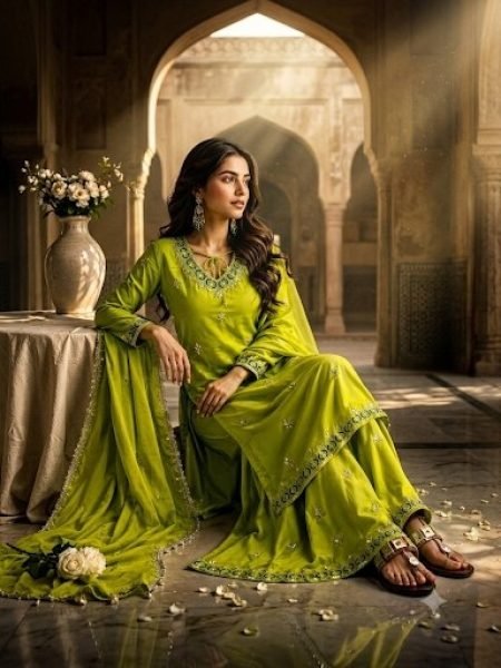 Enduring Parrot Green Fox Georgette Sharara Plazzo Set with Embroidery Sequence Work Ready To Wear Collection