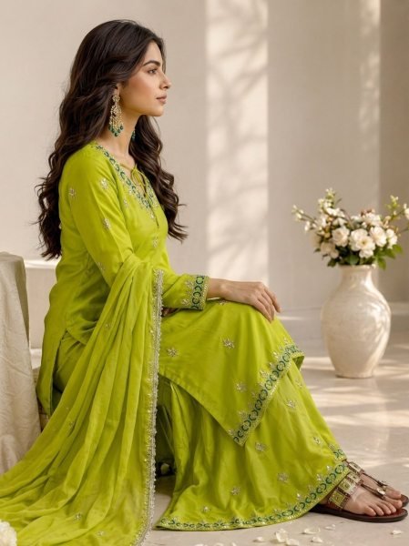 Enduring Parrot Green Fox Georgette Sharara Plazzo Set with Embroidery Sequence Work Ready To Wear Collection