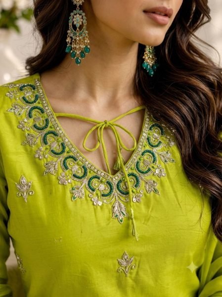 Enduring Parrot Green Fox Georgette Sharara Plazzo Set with Embroidery Sequence Work Ready To Wear Collection
