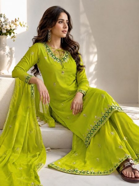 Enduring Parrot Green Fox Georgette Sharara Plazzo Set with Embroidery Sequence Work Ready To Wear Collection
