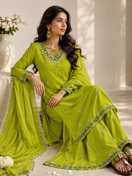 Enduring Parrot Green Fox Georgette Sharara Plazzo Set with Embroidery Sequence Work Ready To Wear Collection