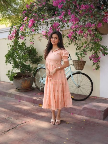 Enduring Peach Chanderi Cotton Kurti for Women Summer Daily Wear Western Ladies Top Wholesale