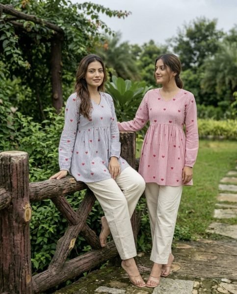 Enduring Pink Cotton Top Pant Set with Heart Embroidery for Summer Wear Tunics kurti