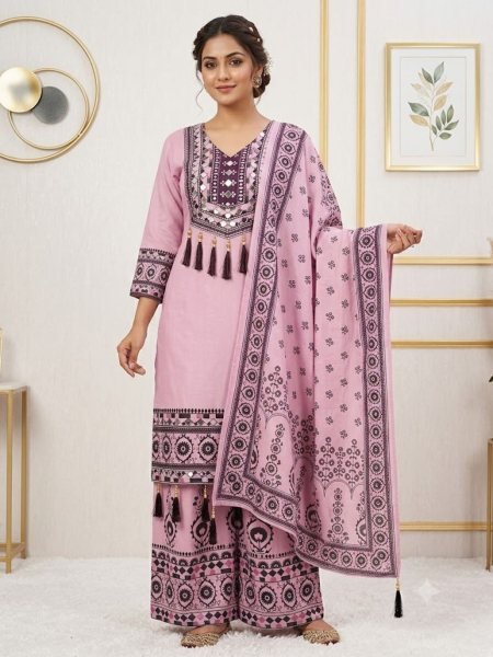 Enduring Pink Muslin Palazzo Set With Heavy Printed Work On Neck Design For Wholesale Ethnic Wear Ready To Wear Suit