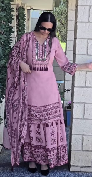 Enduring Pink Muslin Palazzo Set With Heavy Printed Work On Neck Design For Wholesale Ethnic Wear Ready To Wear Collection