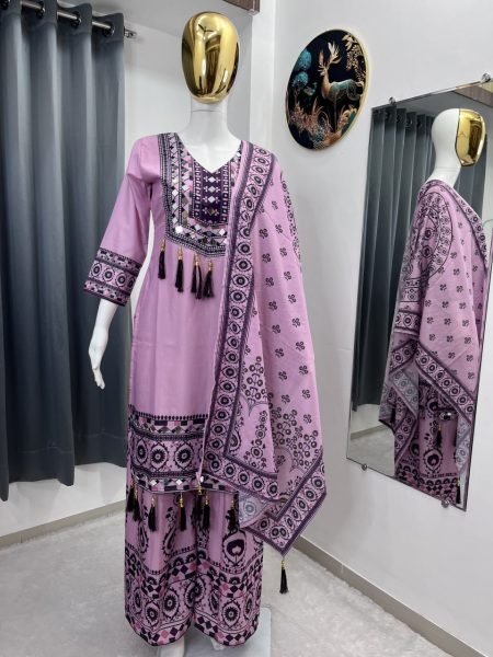 Enduring Pink Muslin Palazzo Set With Heavy Printed Work On Neck Design For Wholesale Ethnic Wear Ready To Wear Collection