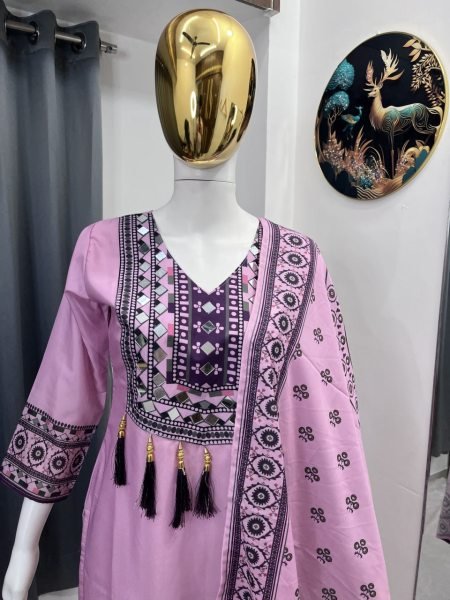 Enduring Pink Muslin Palazzo Set With Heavy Printed Work On Neck Design For Wholesale Ethnic Wear Ready To Wear Collection